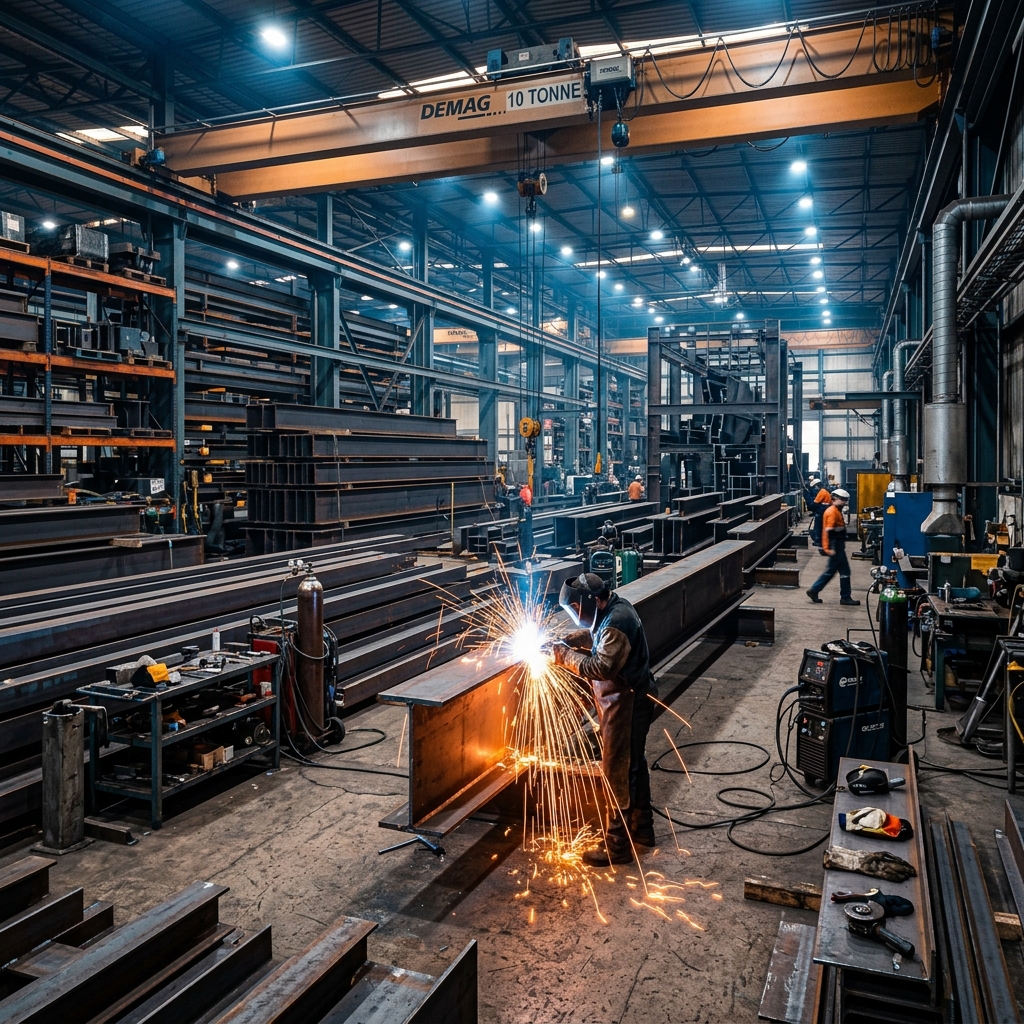 Steel fabrication shop showing primed structures