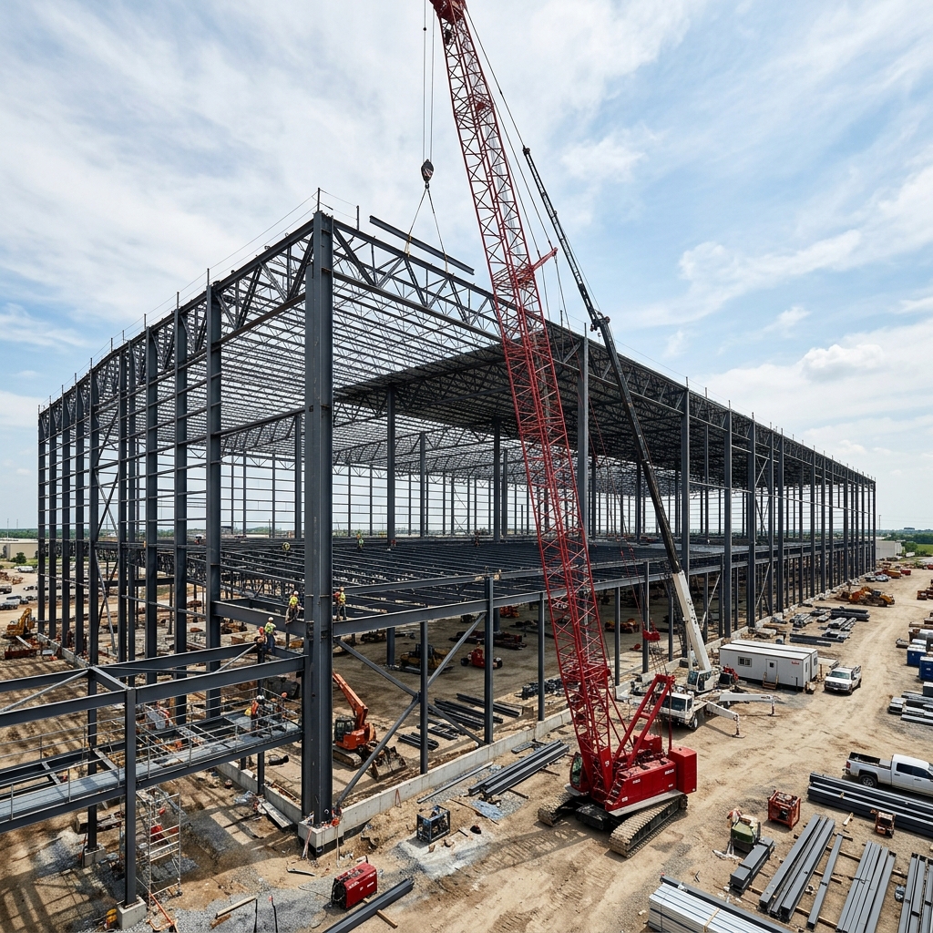 Heavy structural warehouse frames under construction